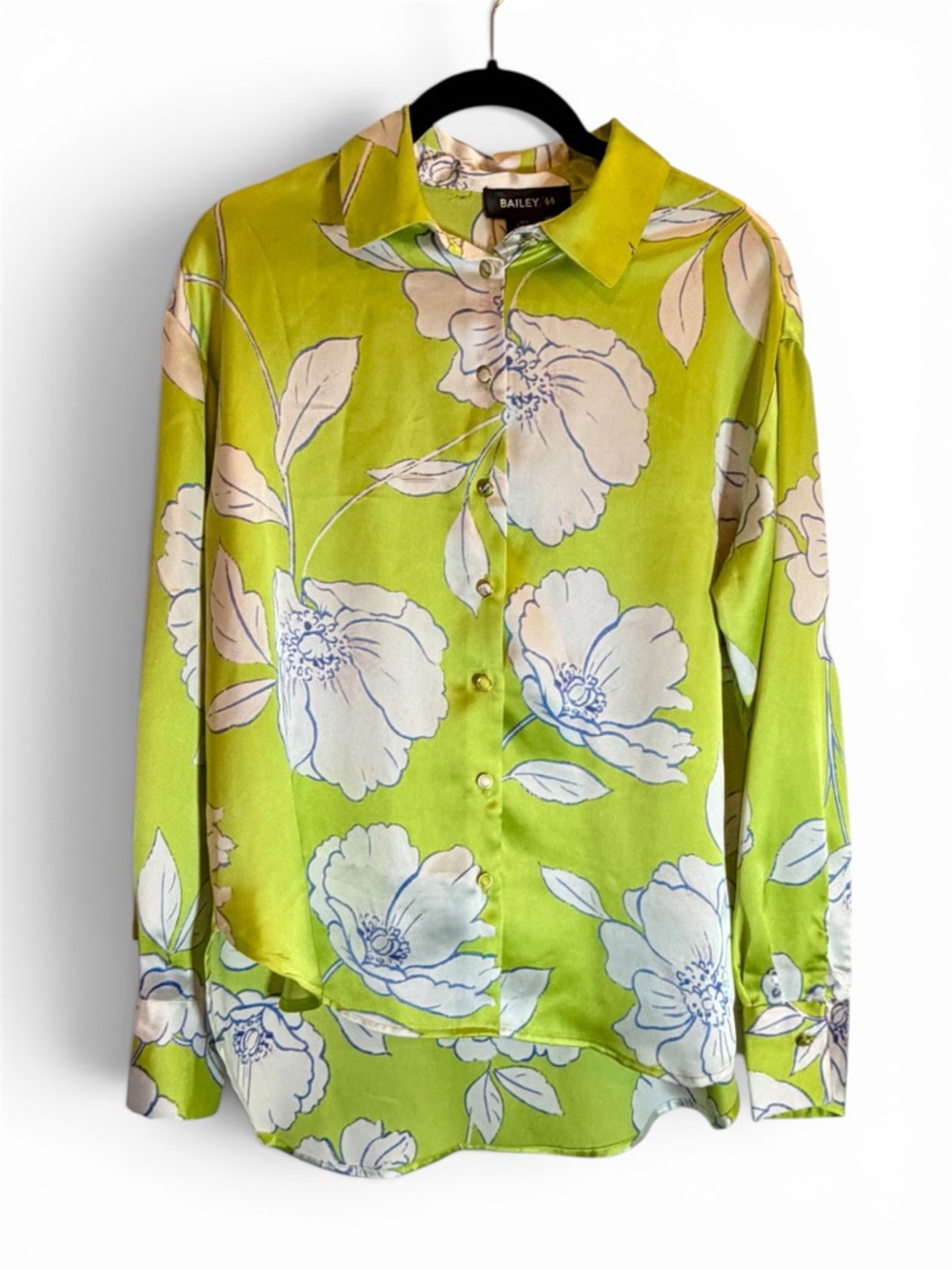 Bailey 44 Chartreuse Tropical Floral Silky Satin Button-Down Blouse Sz S